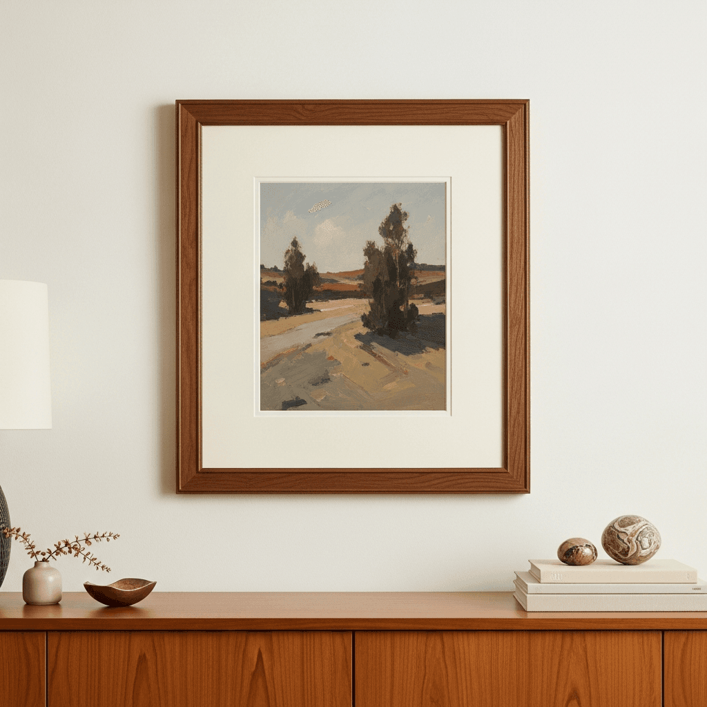A 24x30 inch original painting in sophisticated muted tones in warm walnut wood moulding with generous ivory archival matting, displayed above a refined wood console with small tasteful styling in a warm white art-collector's home interior