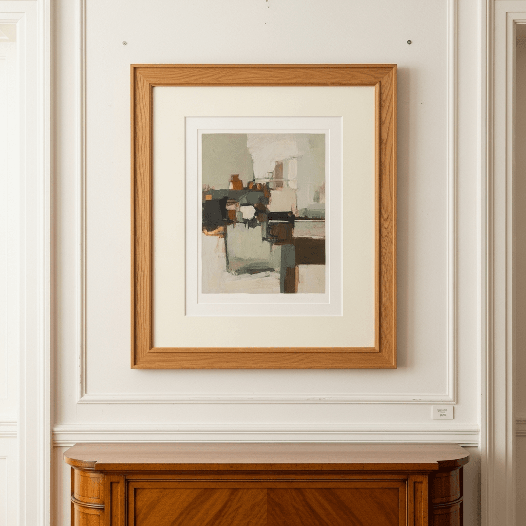 A 20x24 inch abstract original artwork in honeyed oak archival framing with generous ivory archival matting, displayed above an older-style wood console in a turn-of-the-century Metuchen-style home setting with warm white walls