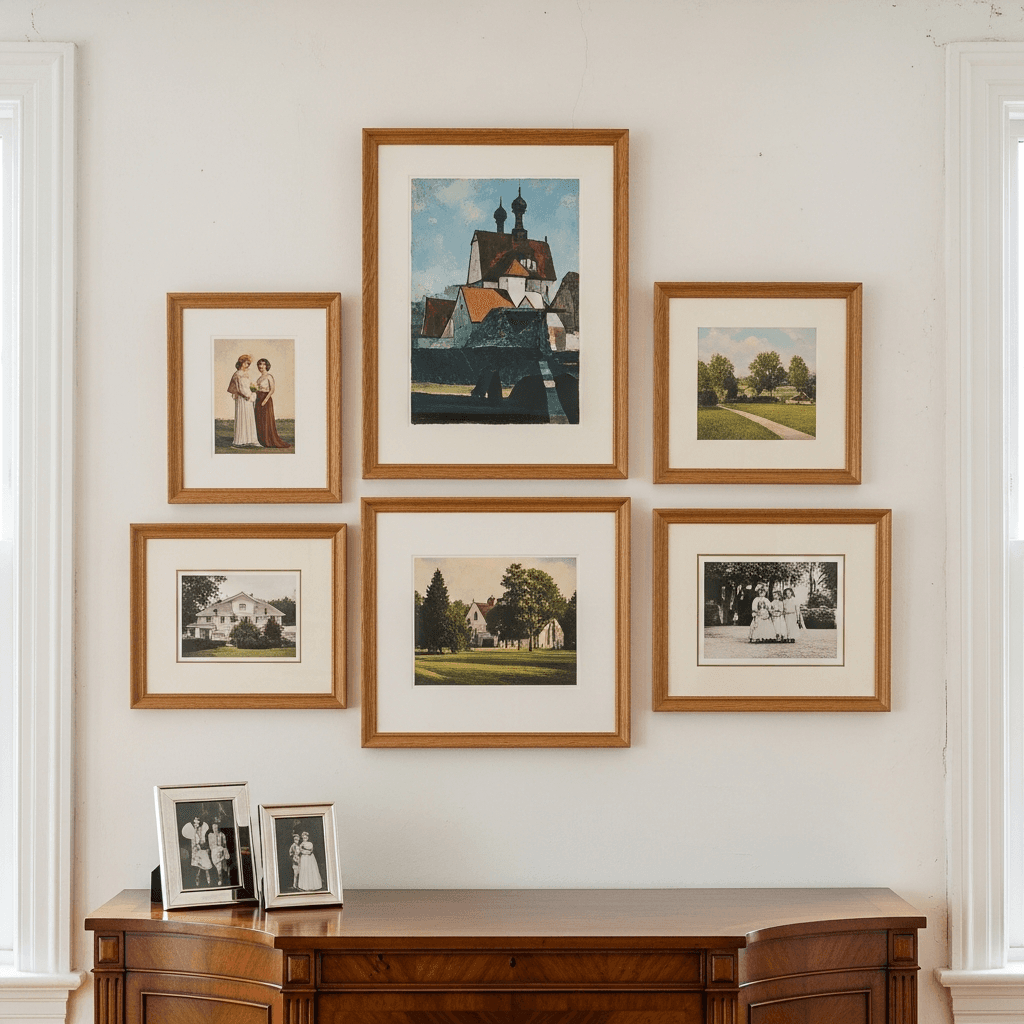 A sophisticated mixed gallery wall of 5 to 6 framed pieces in matching honeyed oak moulding with ivory archival matting, displayed above a traditional wood console in a turn-of-the-century Metuchen-style older home interior with warm white plaster walls