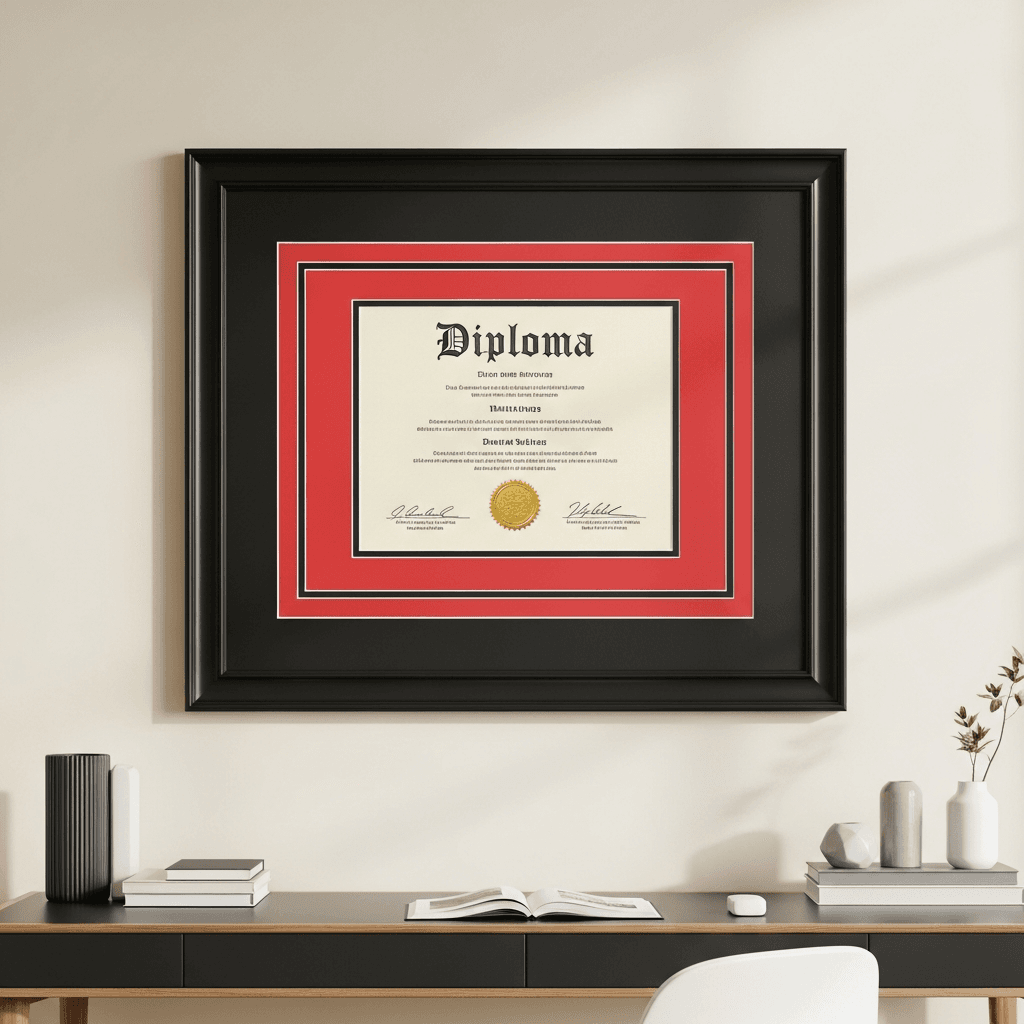 A diploma in scarlet inner and black outer double matting, in a black wood frame with embossed gold seal, displayed in a contemporary home office, the typical Rutgers-color presentation for diplomas we frame for North Brunswick residents