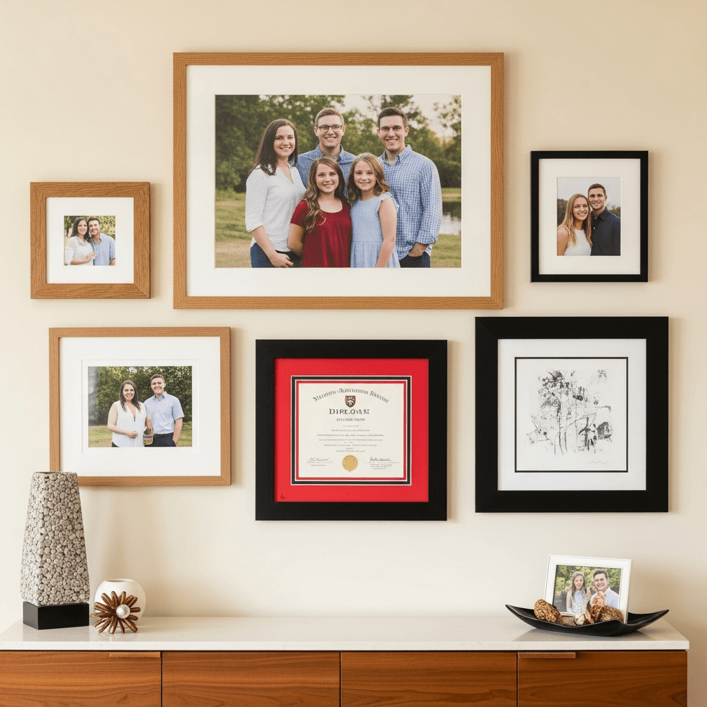 Curated mixed gallery wall of 5 framed pieces, a family portrait, a diploma with scarlet and black matting, original artwork, and framed family keepsakes, in honeyed oak and matte black frames in a contemporary North Brunswick suburban home