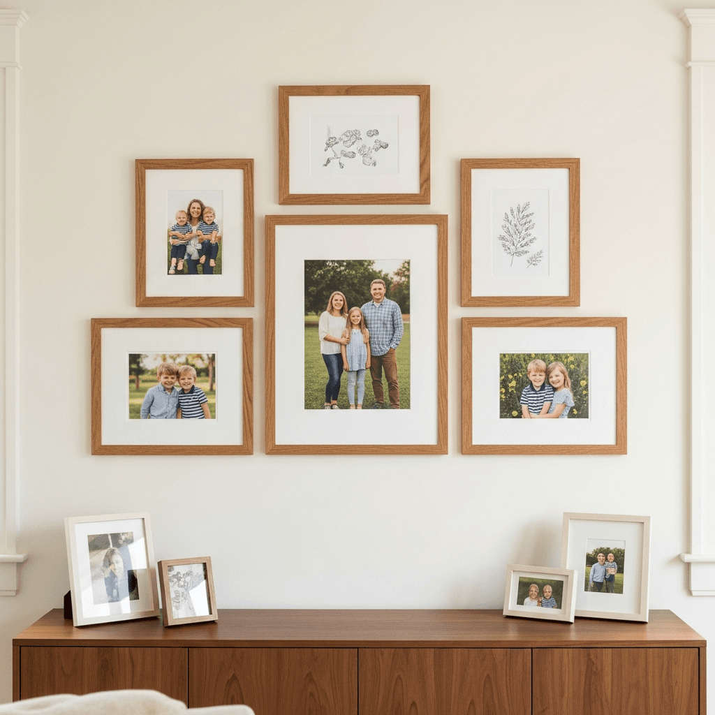 A curated 5- to 6-piece family gallery wall with a central family portrait surrounded by smaller frames in matching honeyed oak moulding with consistent ivory archival matting, displayed above a contemporary wood console in a warm white Scotch Plains-style family room