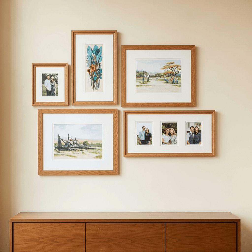 A four-piece mixed gallery arrangement of artwork and family portraits in coordinated honeyed oak frames with ivory archival matting, displayed above a contemporary wood console in a refined warm cream Somerville-style interior bridging residential and downtown commercial aesthetics