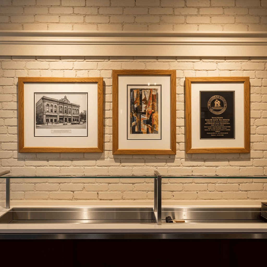 A three-piece business display arrangement of a historical print, an artwork piece, and a business commemoration in matching honeyed oak frames with consistent ivory matting, displayed above a service counter in a warm cream downtown Somerville-style commercial interior