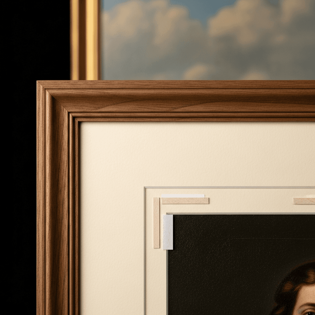 Close-up corner detail of a custom-framed antique-style oil painting showing archival ivory mat board, walnut wood frame edge with traditional profile, and a visible spacer strip between mat and artwork