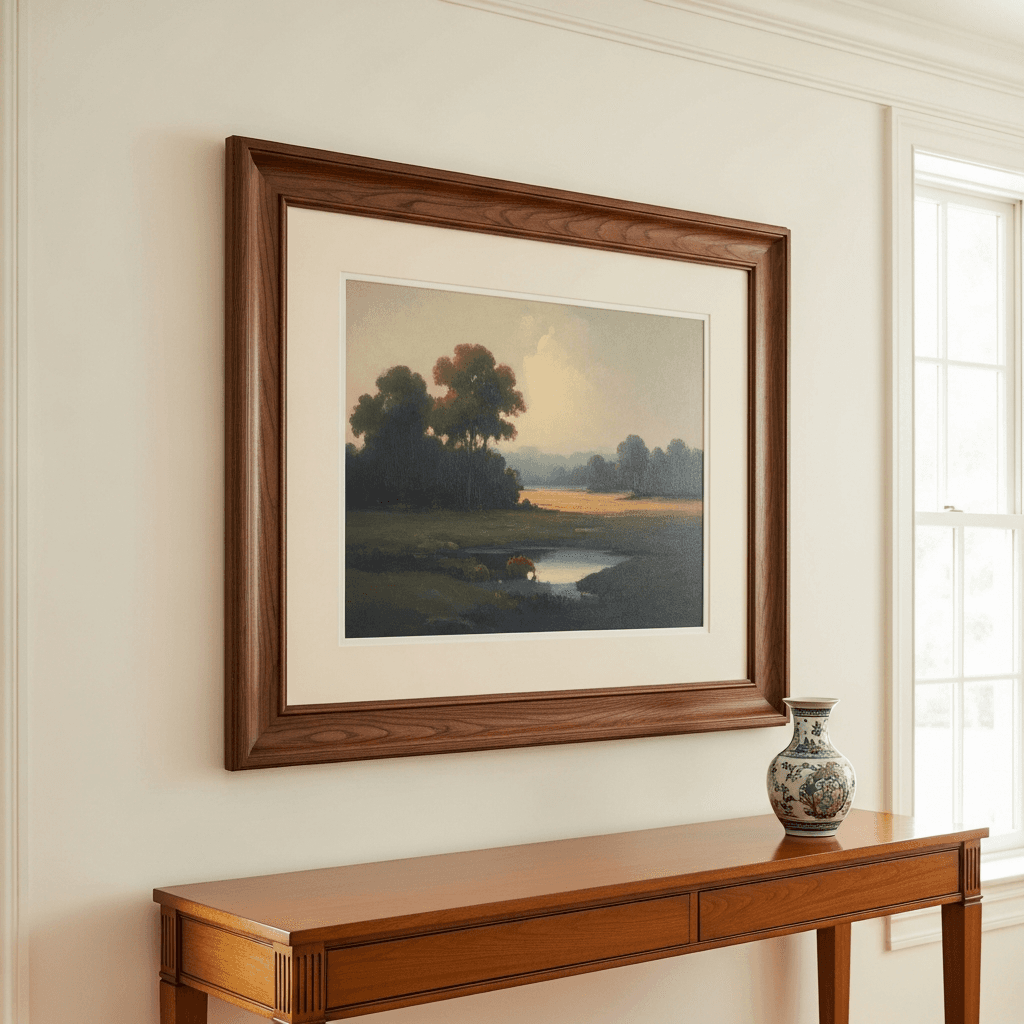 Finely framed original oil painting landscape in rich walnut moulding with ivory archival matting hung in a sophisticated Warren-style suburban home interior above a polished wood console table