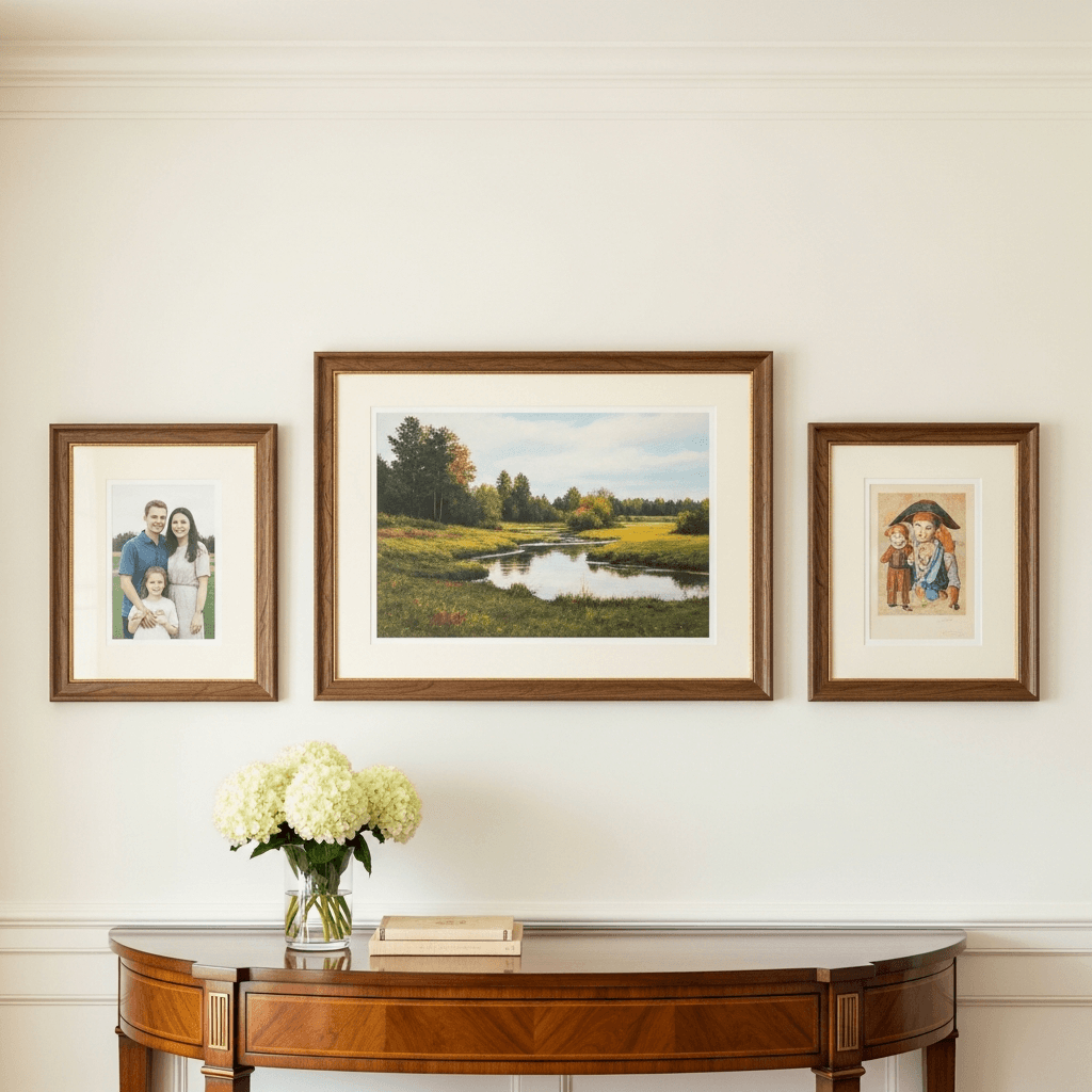 A curated three-piece gallery arrangement with a central larger landscape artwork flanked by two medium-sized framed pieces in matching walnut wood moulding with ivory archival matting, displayed above a polished traditional wood console in a sophisticated Watchung-style home interior