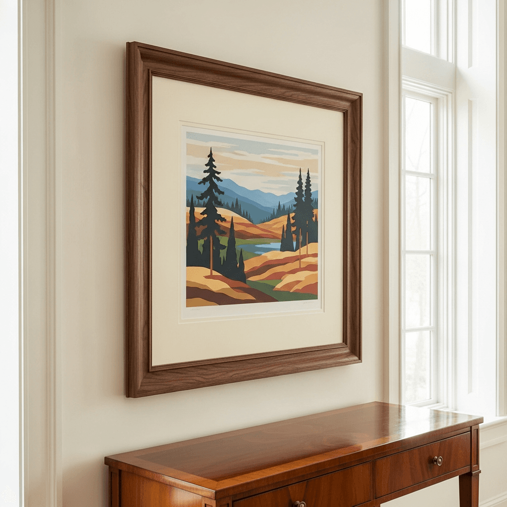 A 24x30 inch traditional landscape artwork in muted earth tones, soft blues, and forest greens, in a rich walnut wood frame with generous ivory archival matting, displayed above a polished traditional wood console table in a refined Watchung Mountain home interior with warm white plaster walls and soft natural daylight