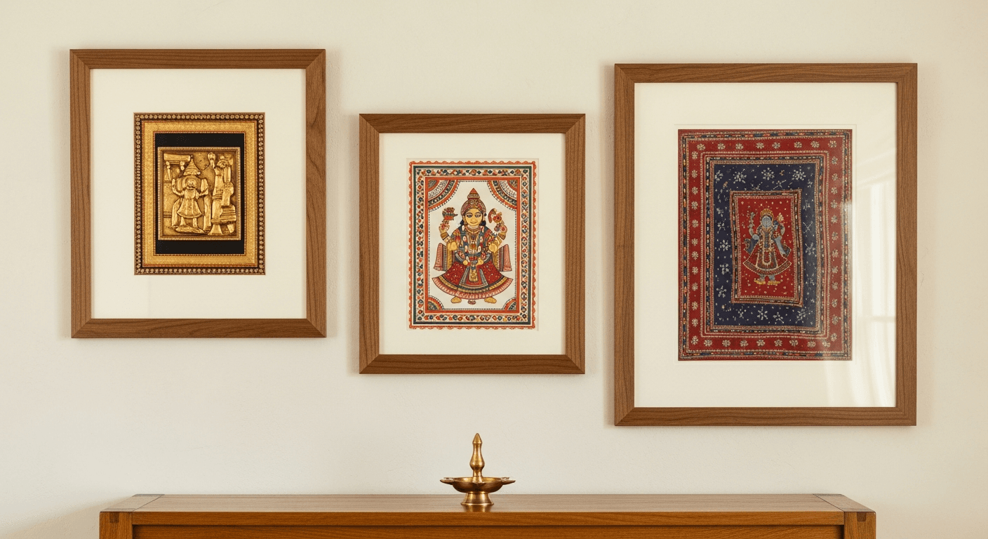 Three South Asian art pieces in coordinated conservation framing on a warm cream wall, with a brass diya lamp on a wood console below