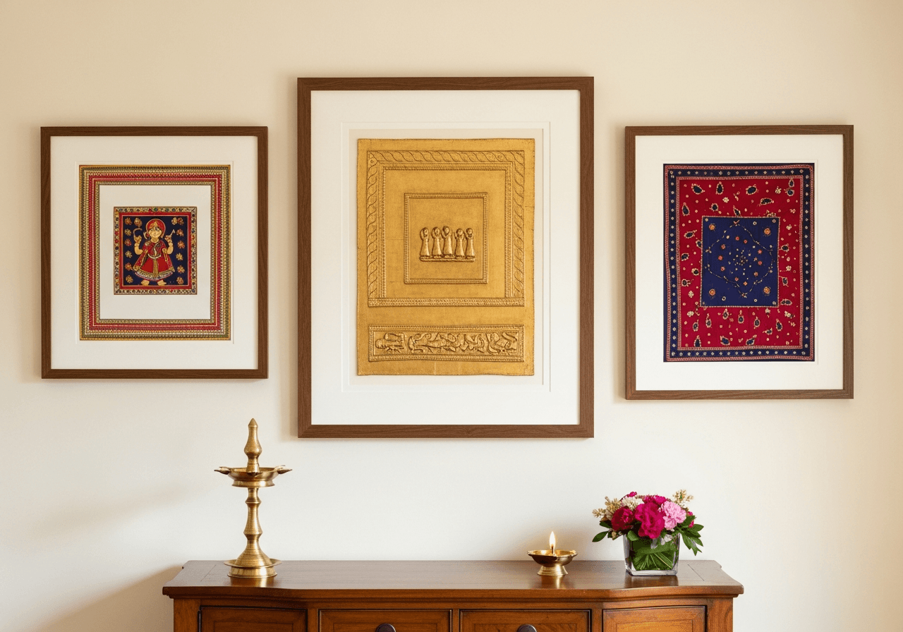 A Central NJ Indian American family home wall arrangement featuring three coordinated South Asian art pieces, folk, gilded relief, and textile traditions, in matching walnut frames with ivory matting