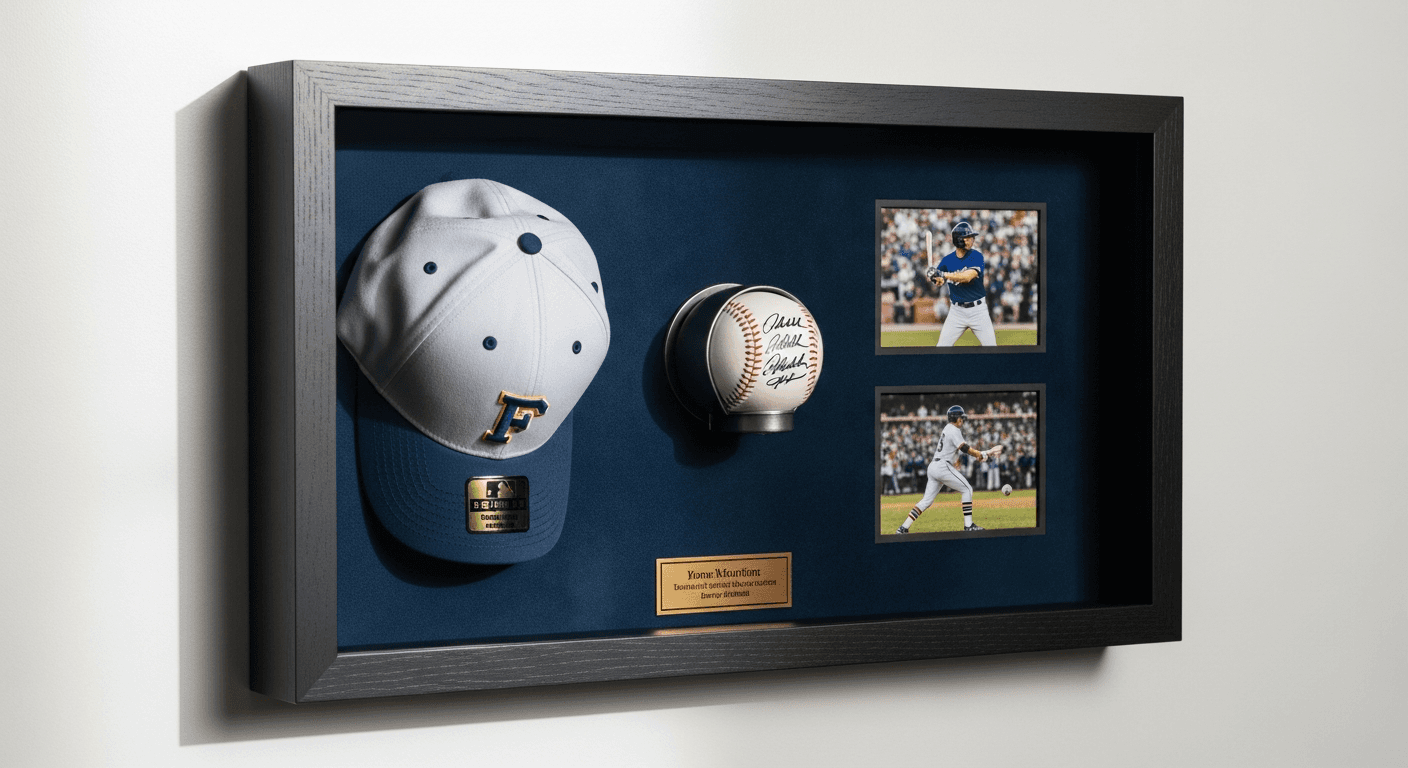 A custom 20x24 inch sports memorabilia shadow box in matte black wood moulding featuring a signed baseball in a custom display holder, a team cap, two action prints, and an engraved nameplate, mounted on a deep navy fabric background