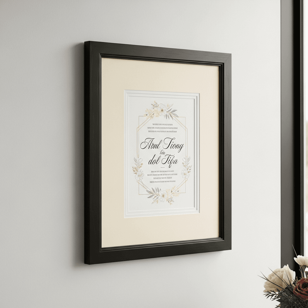 Custom wedding invitation frame in classic black wood moulding with generous warm ivory archival matting holding an elegantly typeset wedding invitation, displayed on a contemporary home wall