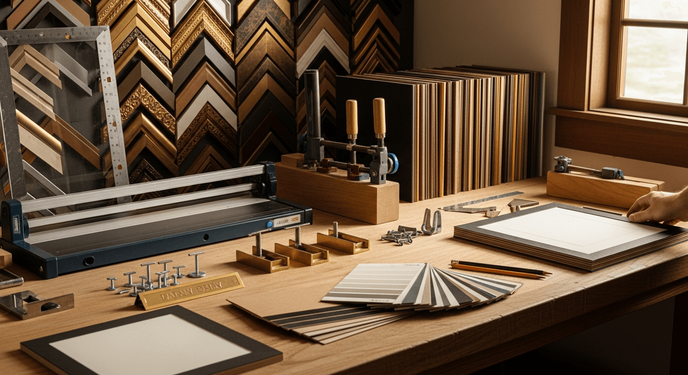Custom frame shop workbench with mat cutter, moulding samples, brass nameplates, and hanging hardware