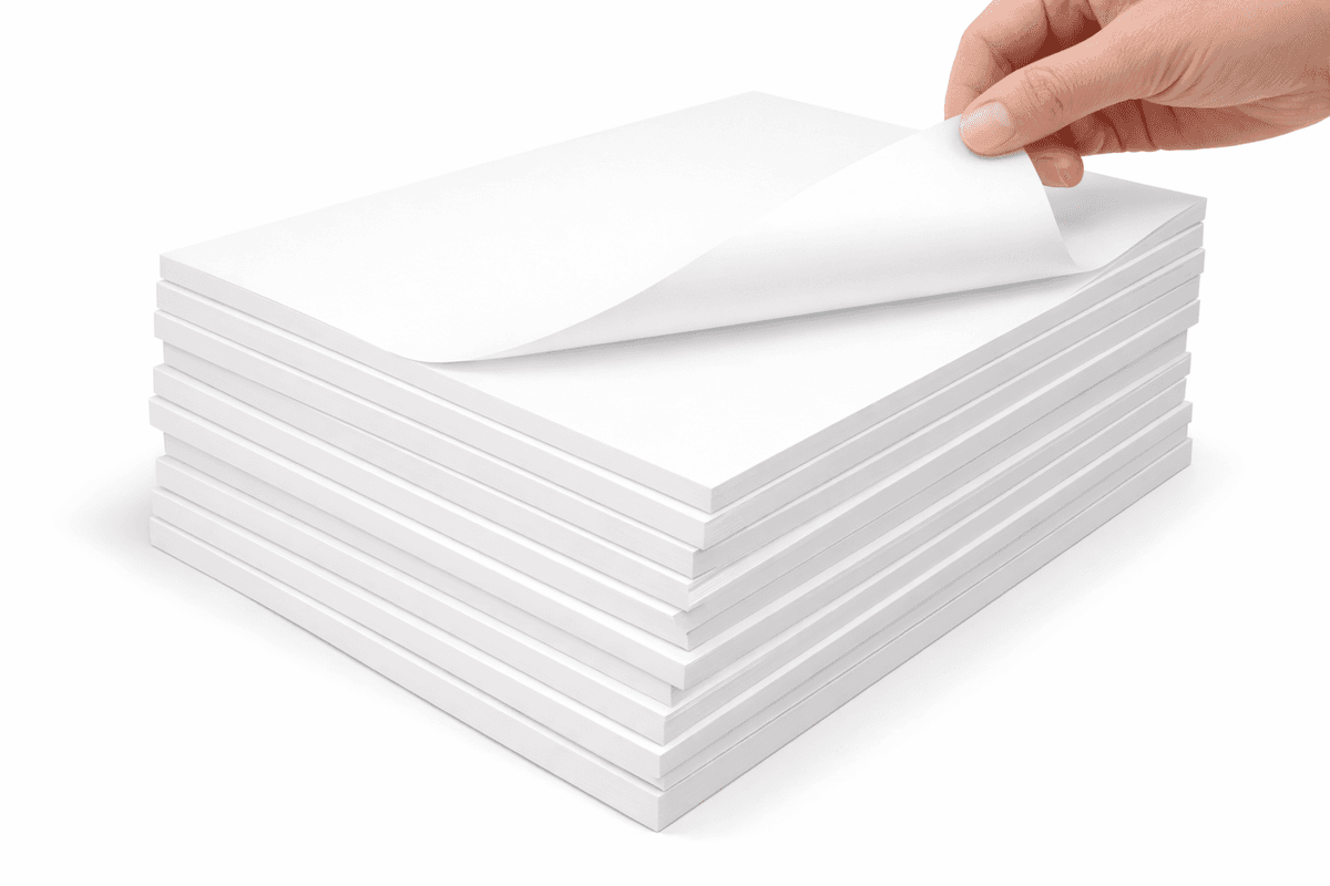 Stack of self-adhesive white foam boards with peel-and-stick backing