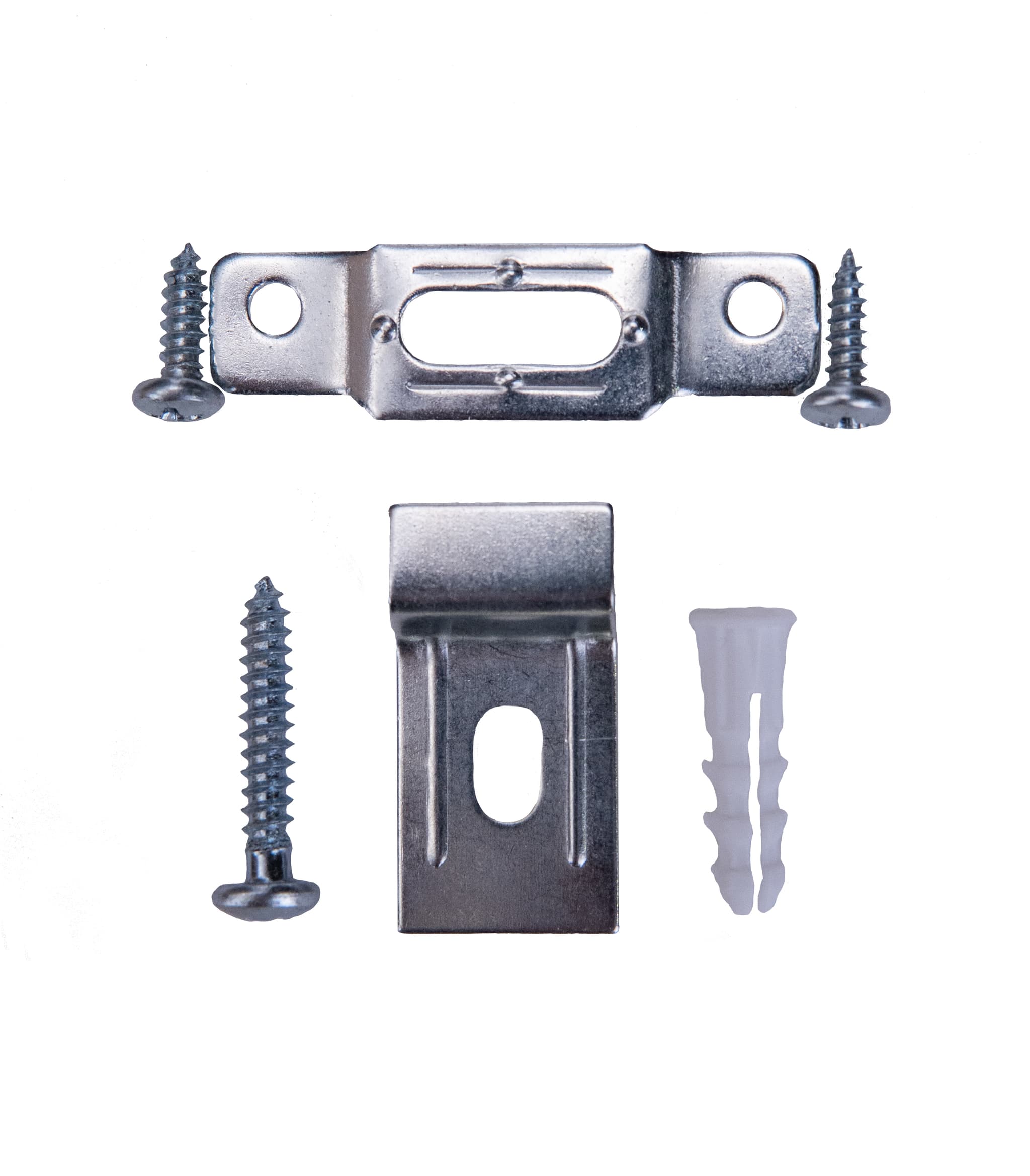 Tamper-resistant frame security components including T-head security screws, wall mounting brackets, and frame attachment plates