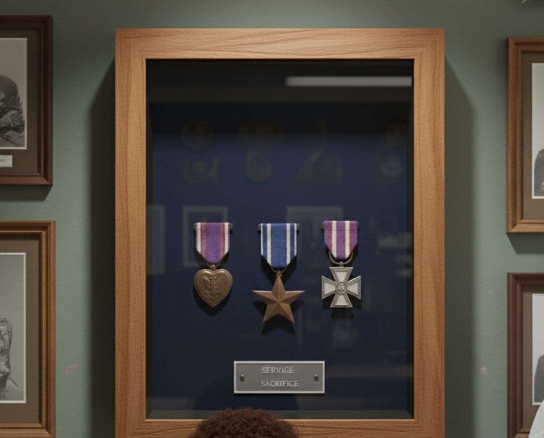 Honey oak military medal shadowbox frame with navy blue backing displaying Purple Heart Bronze Star and service cross medals with service and sacrifice engraved plaque demonstrating professional military medal framing for honor displays