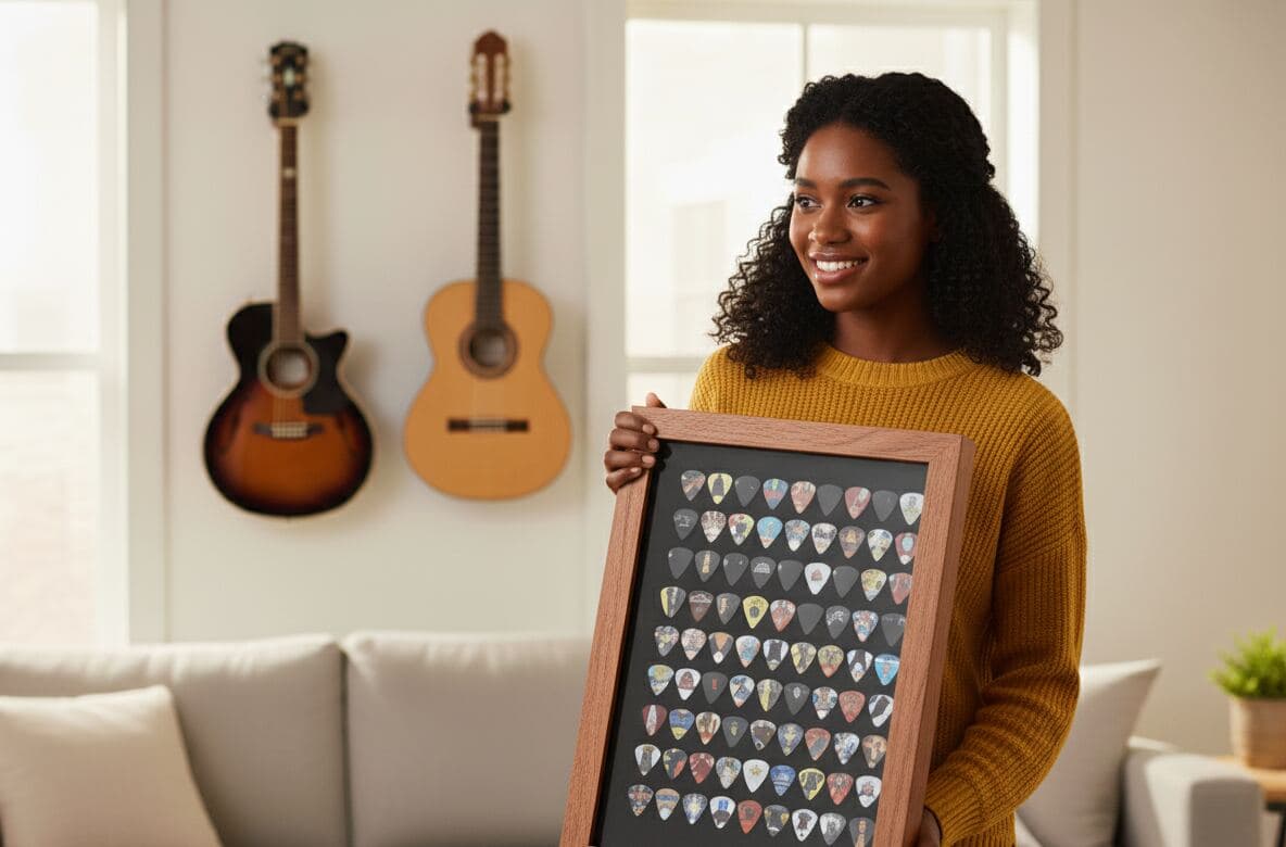 Oak shadowbox picture frame displaying guitar pick collection in organized grid layout featuring vintage concert memorabilia and band picks demonstrating music memorabilia framing for rock music collectors and concert keepsake displays