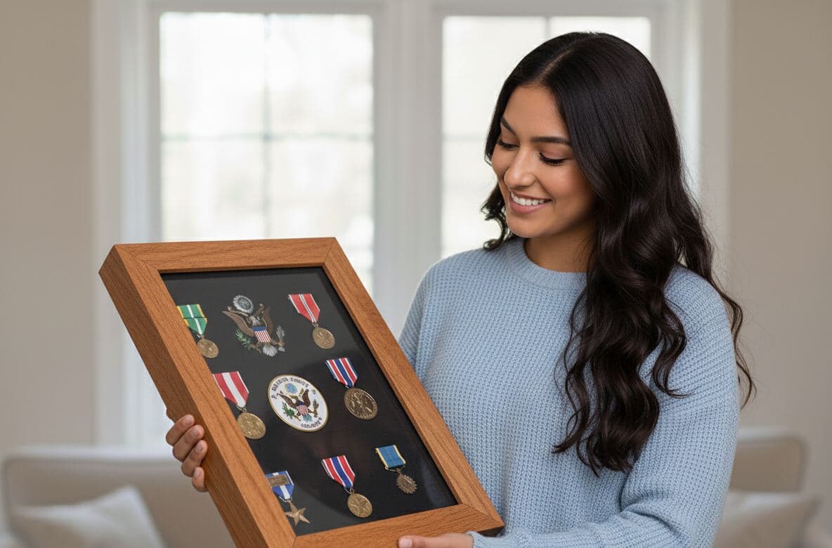 Oak wood military shadowbox picture frame displaying service medals insignia and military memorabilia collection demonstrating professional veteran tribute framing for military honor displays using traditional wood finish