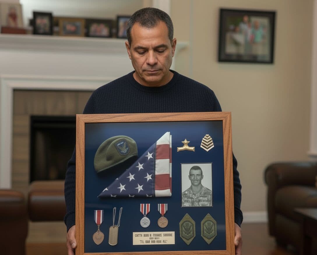 Honey oak military memorial shadowbox picture frame with navy blue backing displaying folded American flag military portrait service medals dog tags rank insignia uniform patches and memorial plaque demonstrating professional veteran tribute shadowbox framing for military honor displays and fallen soldier remembrance