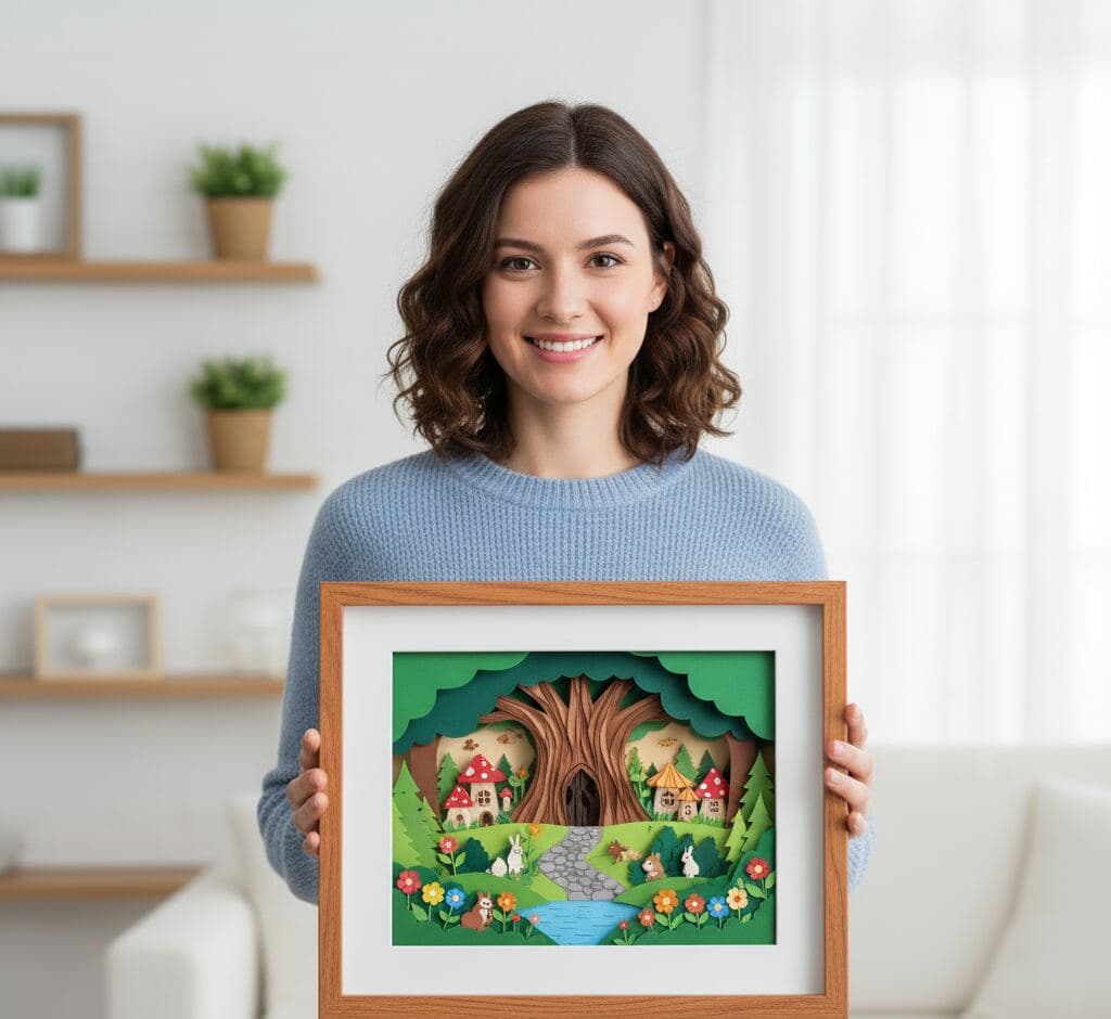 Oak wood shadowbox frame with white matting showcasing whimsical fairy tree house dimensional paper art featuring mushroom cottages garden path and flowing river demonstrating children's artwork shadowbox framing for intricate papercraft displays