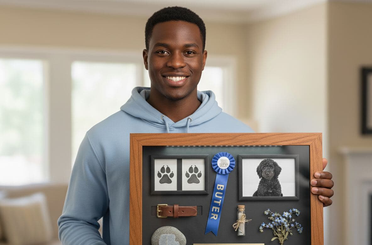 Honey oak pet memorial shadowbox picture frame with dark matting displaying beloved dog photograph framed paw print artwork leather collar blue award ribbon memorial stone and dried forget-me-not flowers demonstrating professional pet remembrance shadowbox framing for dog memorial displays and animal tribute keepsakes