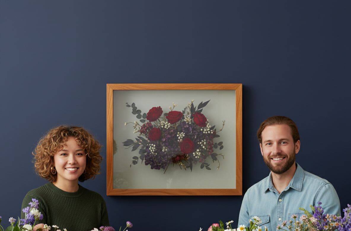 Oak wood shadowbox picture frame displaying preserved wedding bouquet featuring red roses purple berries white baby's breath and eucalyptus branches on navy blue wall demonstrating professional floral preservation framing for wedding bouquet shadowbox displays and bridal keepsake preservation using dimensional flower framing