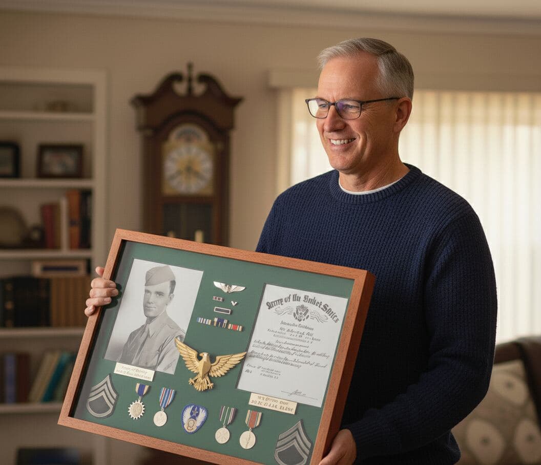 Honey oak shadowbox frame displaying commemorative memorabilia collection demonstrating traditional shadow box framing for tribute displays using classic wood styling