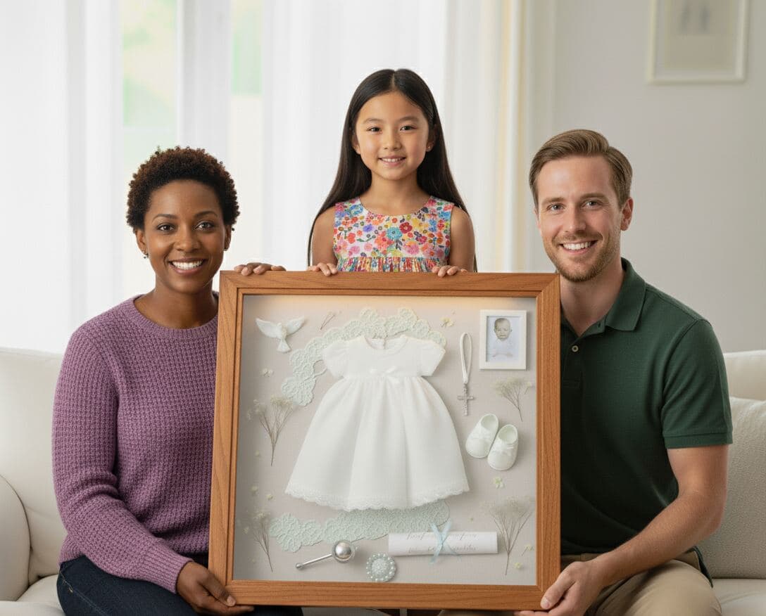 Oak wood shadowbox picture frame displaying collectible arrangement demonstrating professional memorabilia framing for dimensional displays using warm honey oak finish