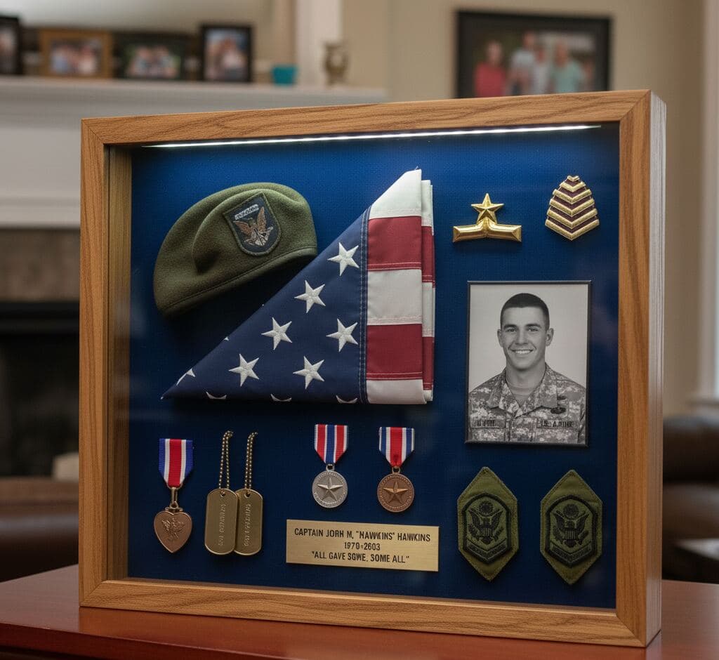 Honey oak shadowbox frame displaying collectible memorabilia demonstrating traditional shadow box framing for dimensional object preservation using natural wood grain finish
