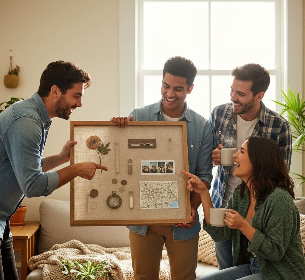 Oak wood shadowbox picture frame displaying keepsake collection demonstrating professional memorabilia framing for sentimental displays using warm honey oak wood finish