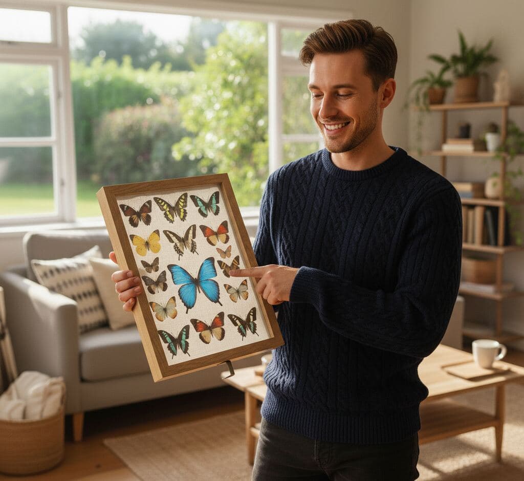 Oak shadowbox picture frame displaying dimensional artwork or collection demonstrating professional shadow box framing for 3D displays using natural honey oak finish