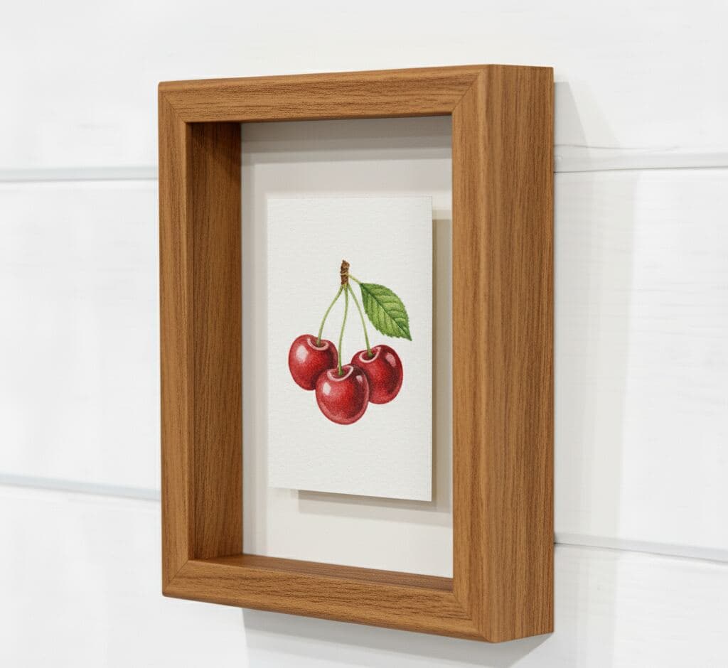 Honey oak shadowbox picture frame displaying botanical watercolor painting of three red cherries with green leaf and stems on white background demonstrating professional fine art framing for small watercolor artwork fruit illustration displays and kitchen botanical art using warm wood finish and dimensional depth