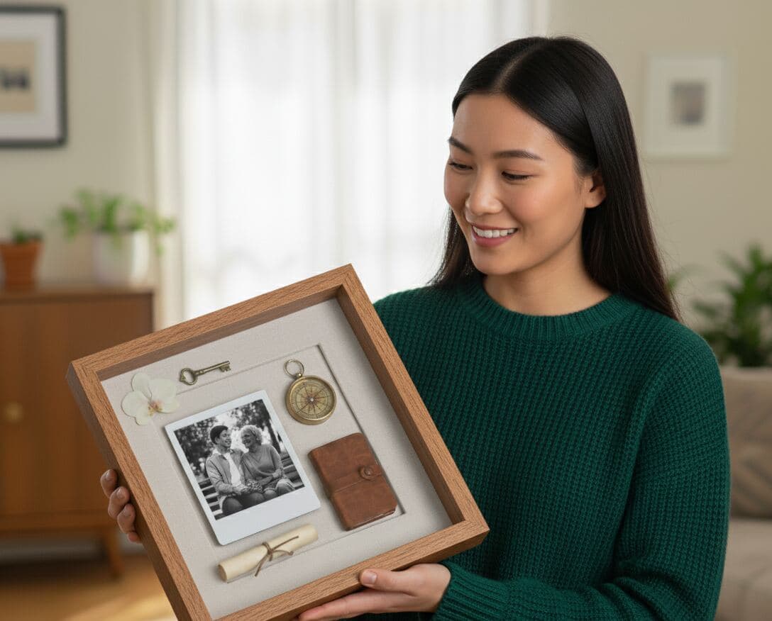 Honey oak shadowbox memory frame displaying vintage keepsake collection including black and white family photograph antique brass compass skeleton key leather wallet and scroll demonstrating heritage memorabilia framing for sentimental object preservation