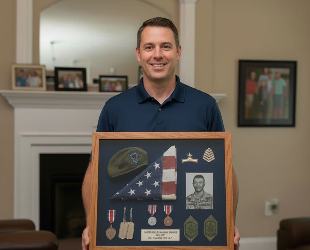 Honey oak military shadowbox frame displaying service memorabilia including folded American flag military portrait service medals dog tags rank insignia and uniform patches demonstrating professional military tribute framing for veteran honor displays