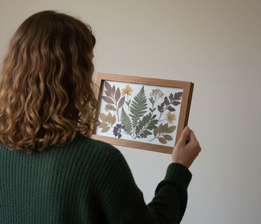 Oak shadowbox picture frame displaying pressed botanical specimen collection including ferns autumn leaves wildflowers and dried plants demonstrating nature specimen framing for botanical preservation and herbarium displays using traditional wood finish