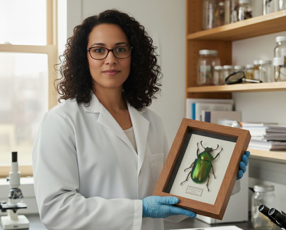 Honey oak entomology shadowbox frame displaying mounted green beetle specimen with scientific label demonstrating professional insect specimen framing for natural history collections and scientific displays using museum-quality presentation