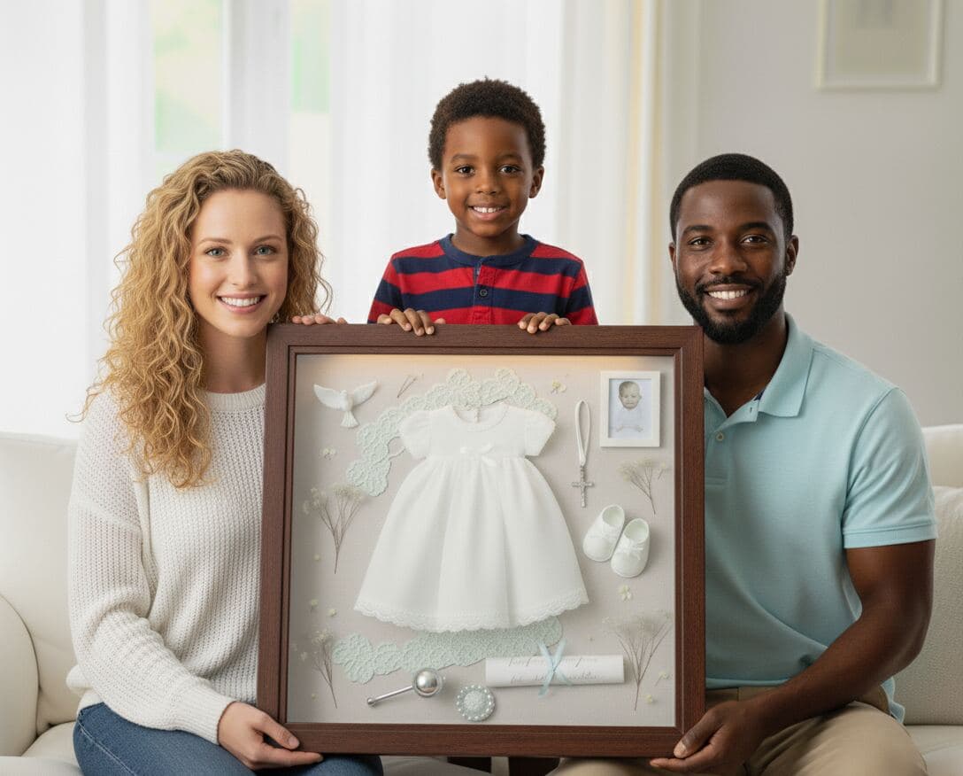 Rustic walnut shadowbox picture frame displaying baptism keepsakes with cross and photo in elegant espresso finish