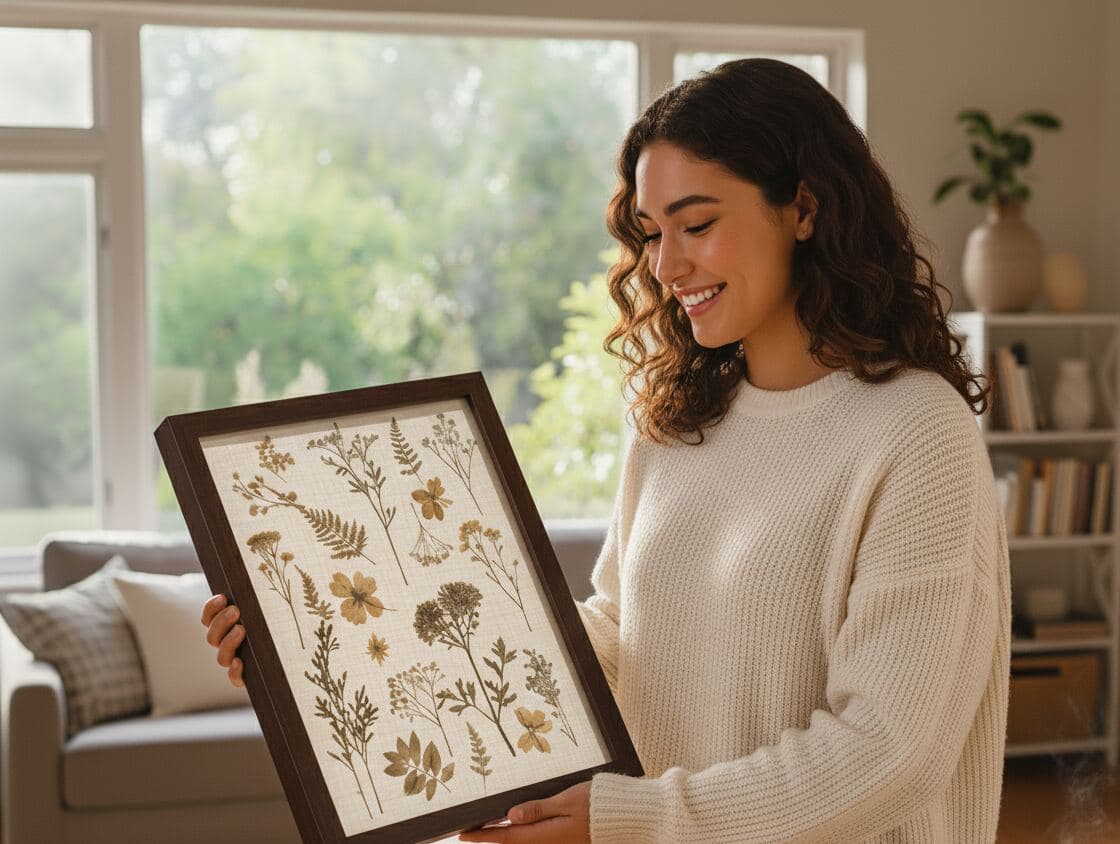 Pressed flower shadowbox picture frame in rustic walnut displaying botanical garden specimens