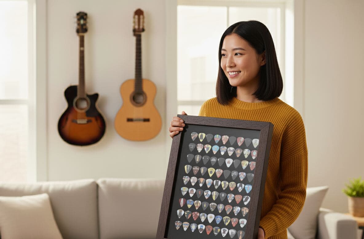 Guitar pick collection shadowbox frame with espresso walnut finish preserving music memorabilia