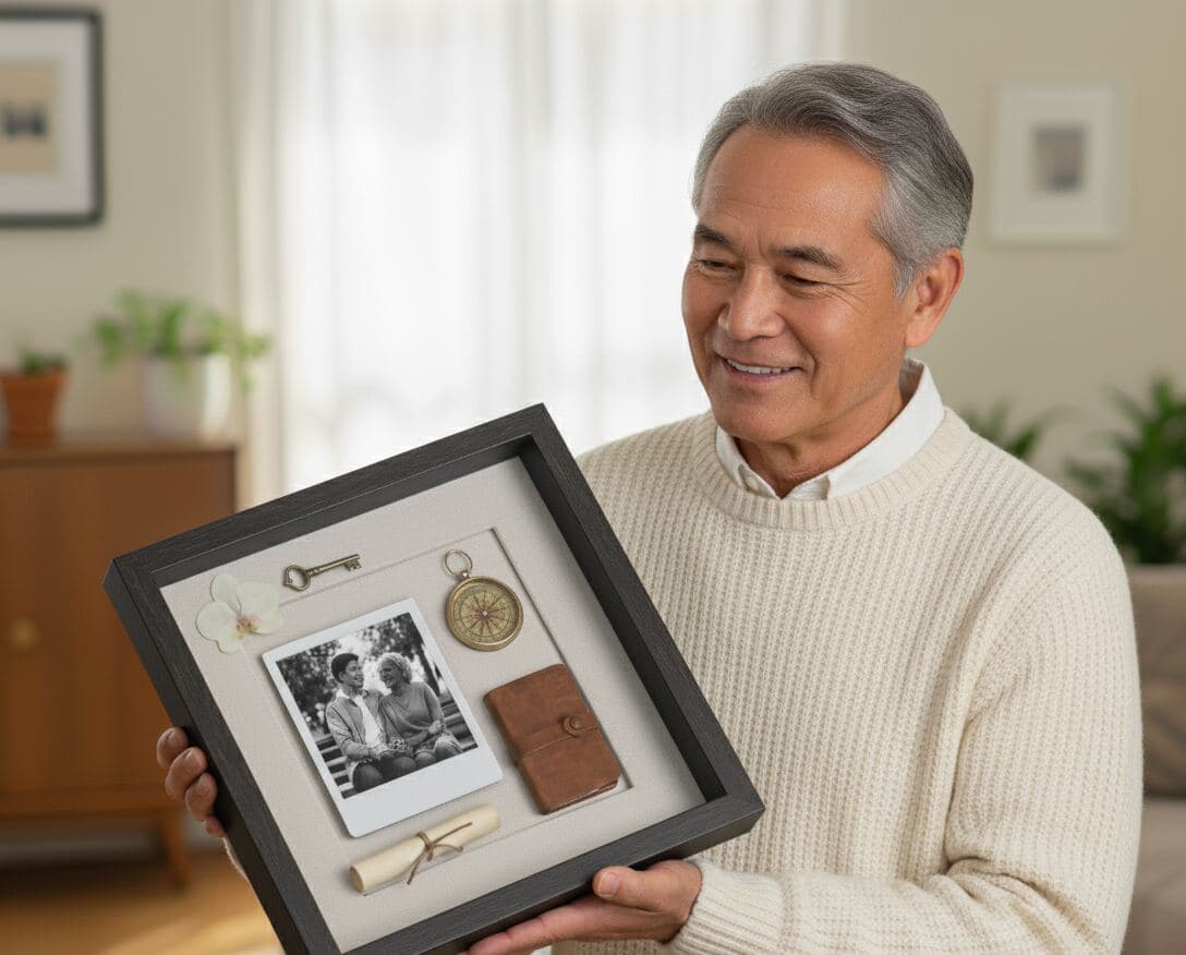 Travel memory shadowbox in rustic walnut frame featuring compass photo and journey keepsakes