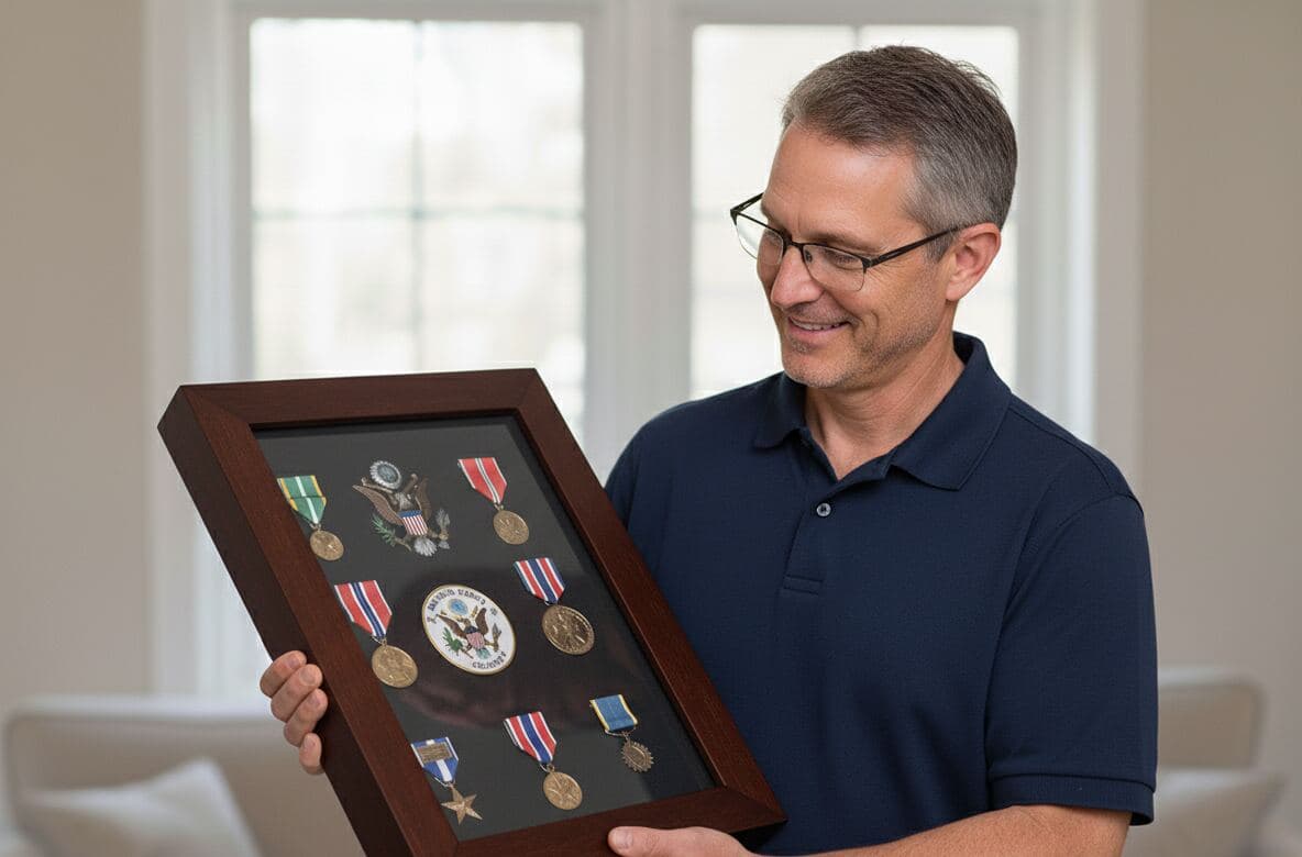 Military medal shadowbox picture frame in rich walnut displaying service honors and decorations