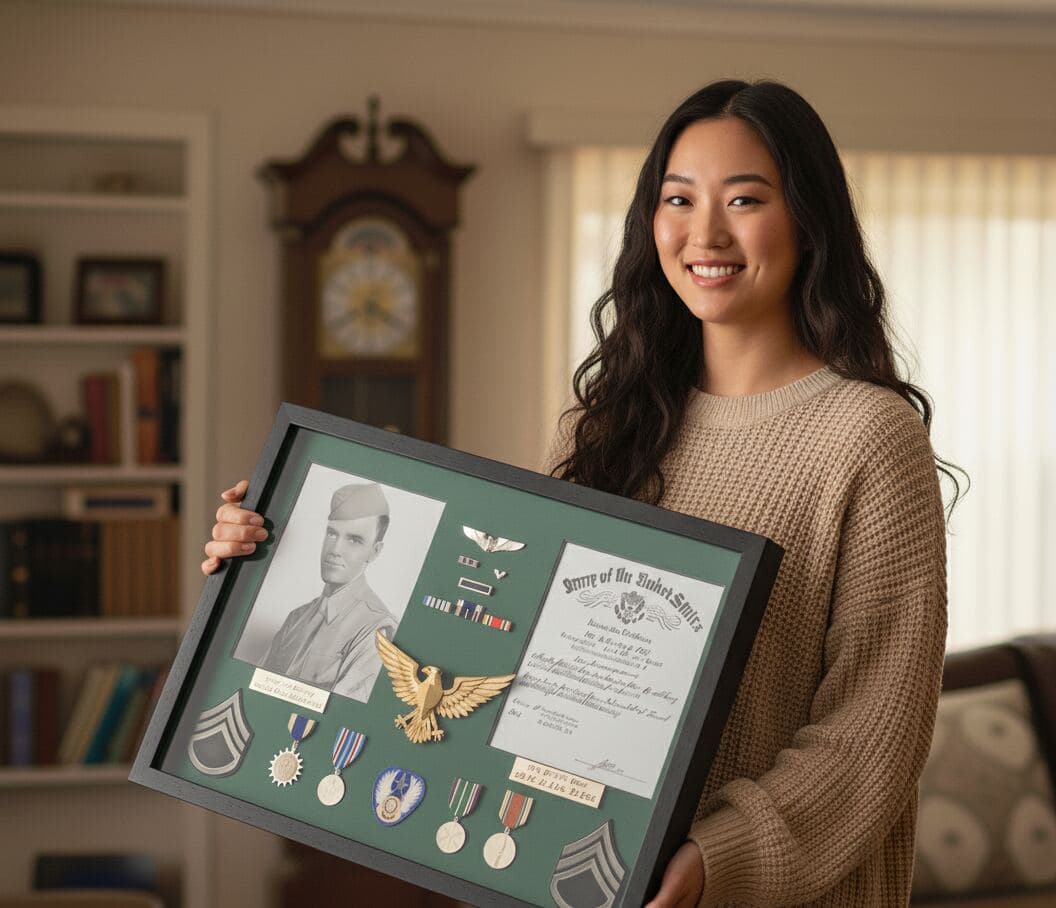 Grandfather military service shadowbox picture frame in rich walnut preserving family legacy