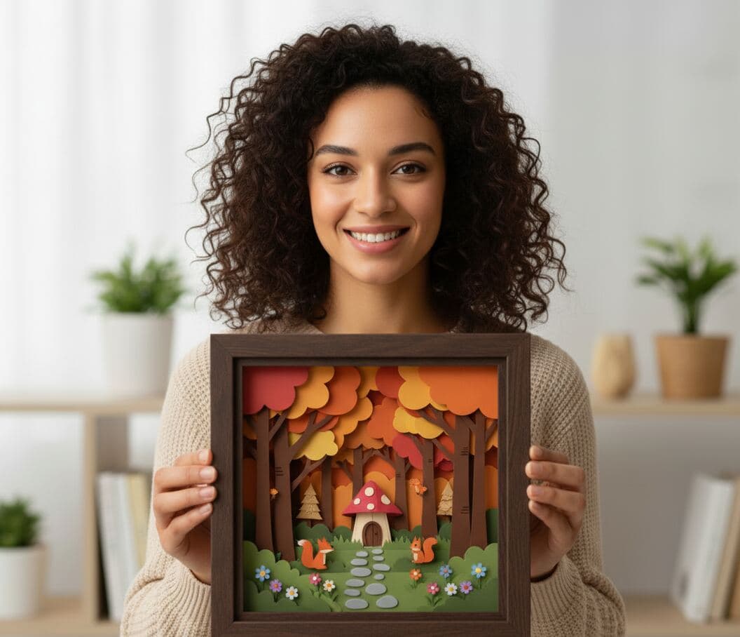 Autumn paper cut shadowbox in espresso walnut frame displaying layered seasonal artwork
