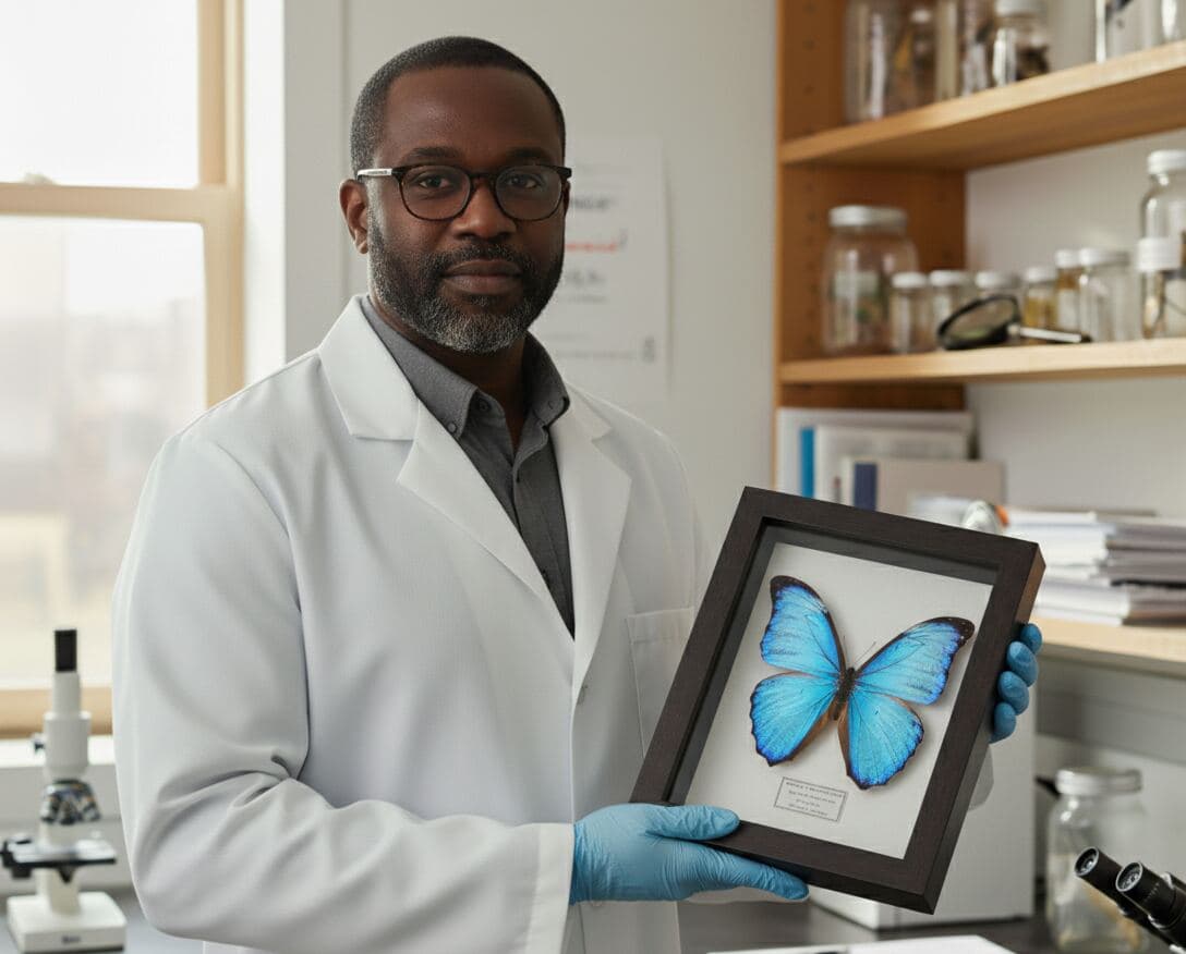 Butterfly specimen shadowbox frame with rustic walnut finish for entomology collection display