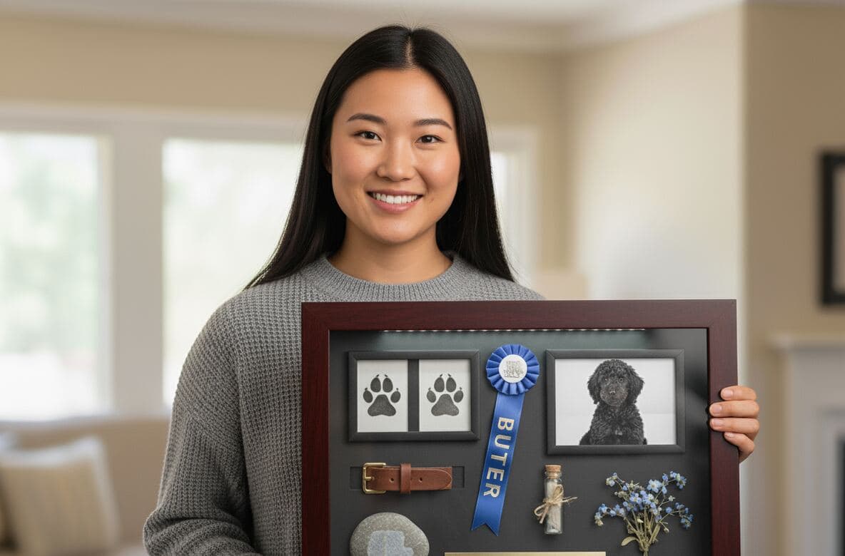 Pet memorial shadowbox picture frame in rich walnut featuring collar paw prints and photos