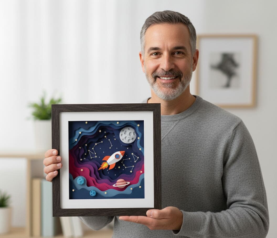 Space theme paper art shadowbox in espresso walnut frame showcasing layered cosmic scene