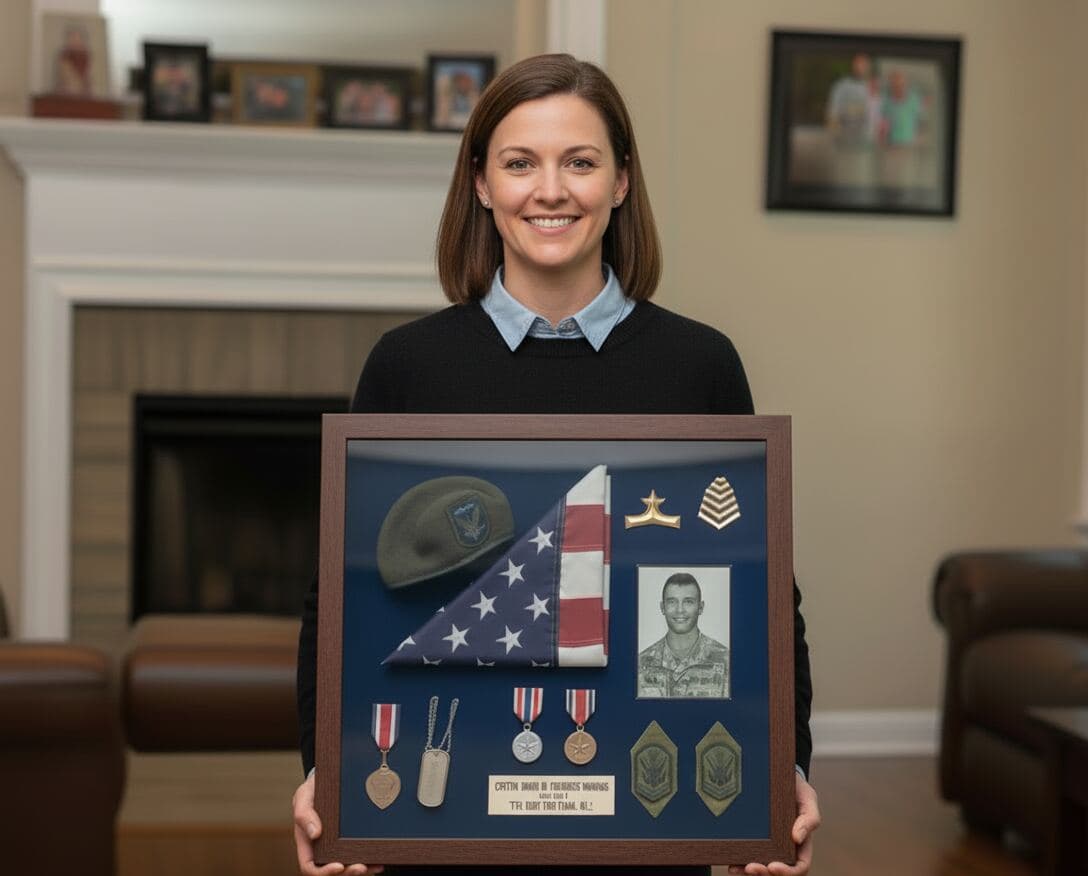 Military tribute shadowbox picture frame in rich walnut featuring flag medals and service photo