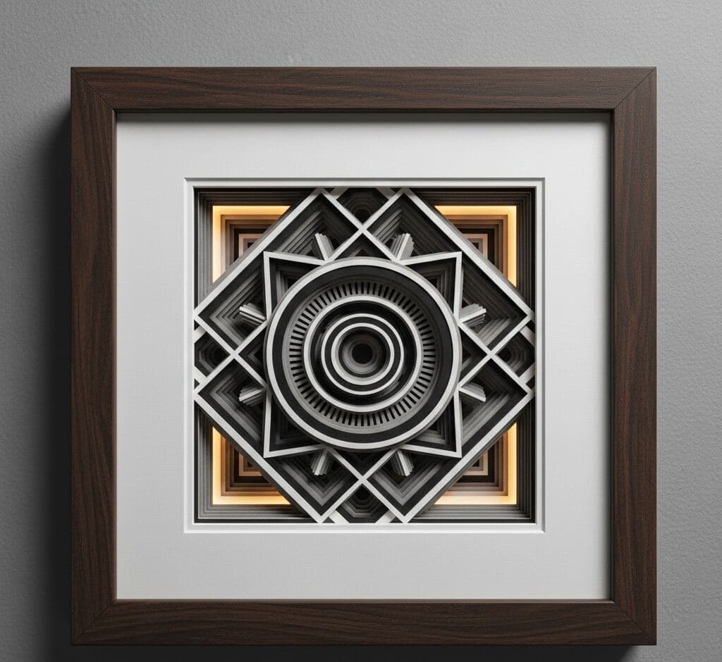 Geometric mandala paper art in walnut shadowbox frame featuring layered dimensional design