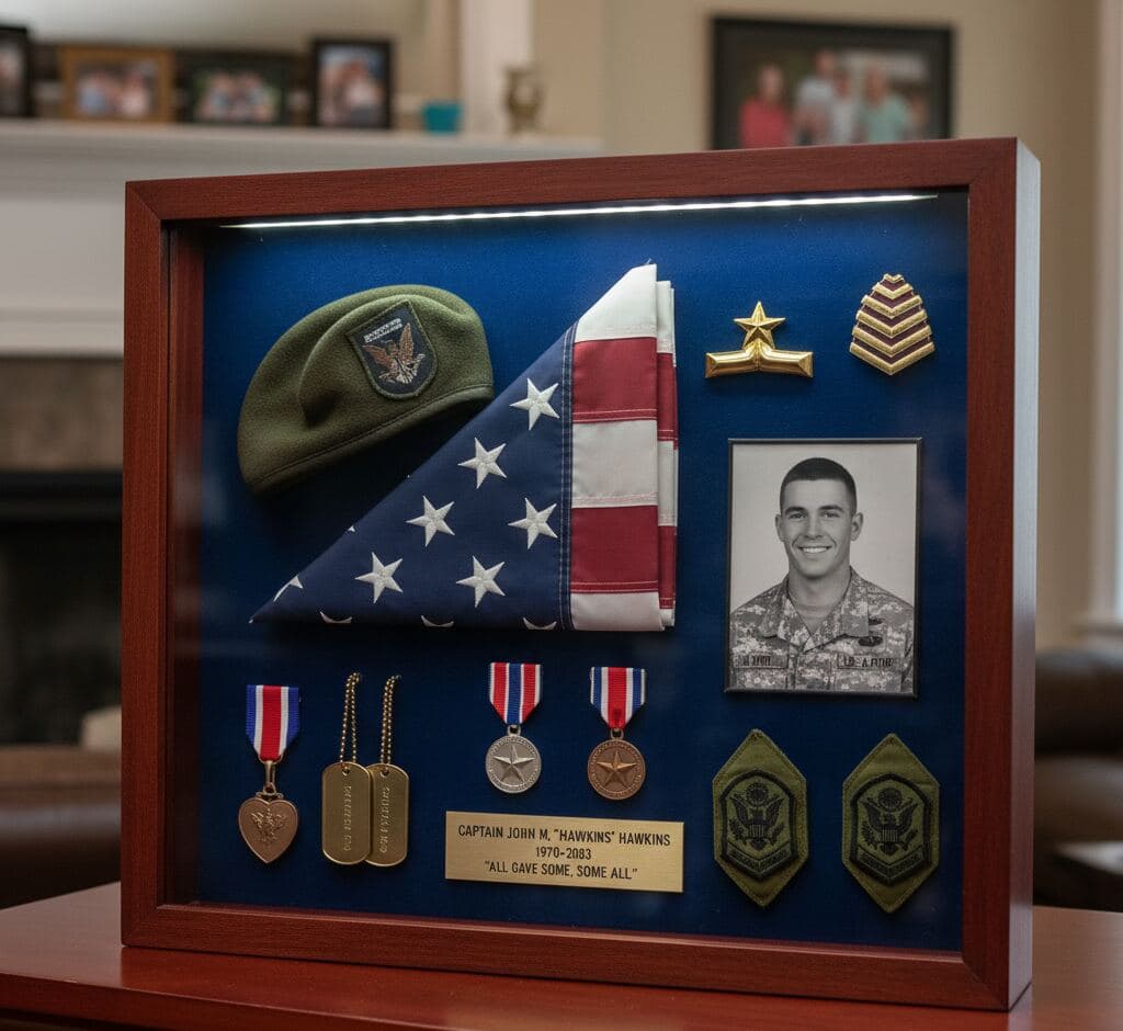 Military service shadowbox picture frame in rustic walnut with flag medals rank insignia and photo