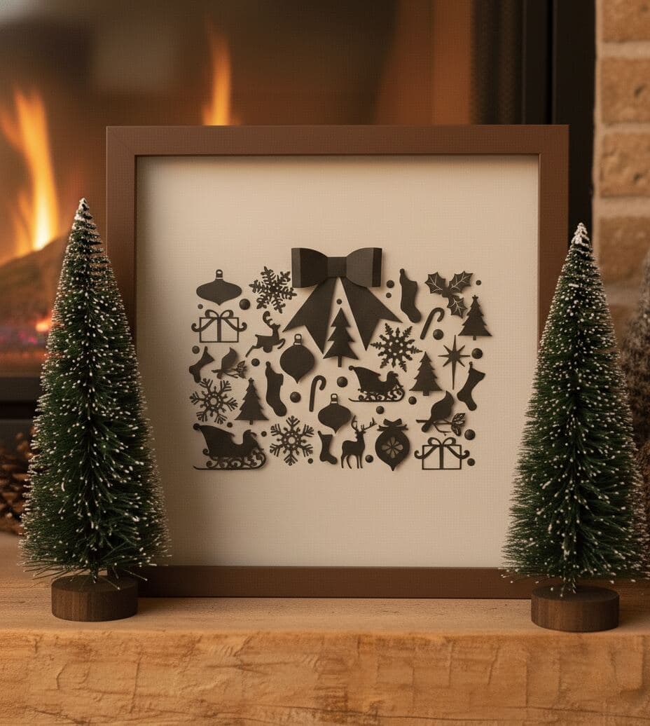 Christmas shadowbox frame in espresso walnut featuring holiday paper cut ornament art display